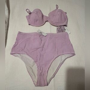 J. Crew Lavender and White Striped High-Waist Bikini Set